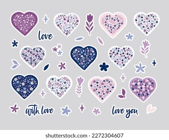 Flower heart stickers flat vector illustration. Cartoon handdrawn love set for Mothers Day holiday. Floral cute collection symbols for daily planner, calendar, diary, organizer, scrapbook.