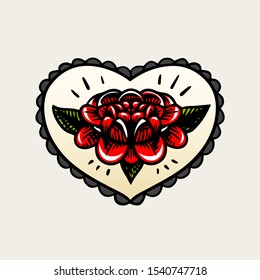 Flower in heart tattoo in vintage style. Retro American old school sketch. Hand drawn engraved retro illustration for t-shirt and logo or badge.