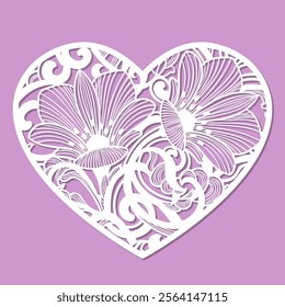 Flower heart. Template for laser cutting from paper, wood, cardboard, metal. Silhouette of a heart with flowers. Botanical romantic composition. For the design of Valentines, wedding cards, invitation