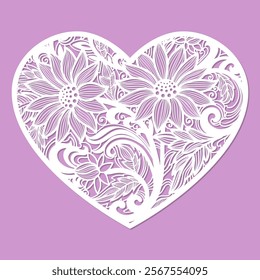 Flower heart. Template for laser cutting from paper, wood, cardboard, metal. Silhouette of a heart with flowers. Botanical romantic composition. For the design of Valentines, wedding cards, invitation