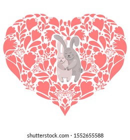 Flower heart with two hugging cute rabbits inside. Wector illustration isolated on white background