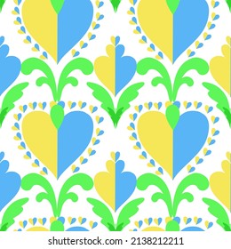 El corazón de las flores de Ucrania sigue un patrón ininterrumpido. Sobre un fondo blanco. Azul floral y amarillo con hojas verdes. Estilo folk moderno para tarjetas de felicitación, tela, fondo, papel de envoltura. Amar el corazón
