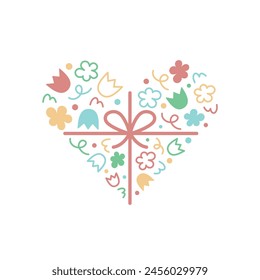 Flower heart vector illustration. Hand drawn doodle style spring heart shape made of flowers with ribbon and bow. Isolated.