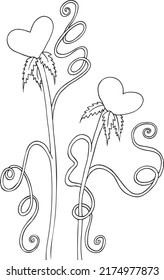 Flower hearts on stem, black and white illustration for coloring, emotions of love, saying thank you, for print and digital design