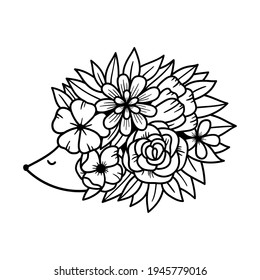 Flower Hedgehog. Coloring page for adult and kids. Vector illustration on white background. 