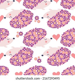 Flower hedgehog, flowers instead of needles. seamless childish floral pattern with flowers and cute hedgehogs