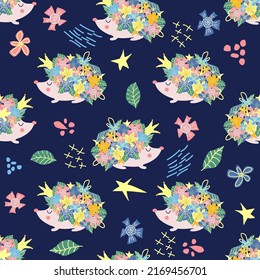 Flower hedgehog, flowers instead of needles. seamless childish floral pattern with flowers and cute hedgehogs