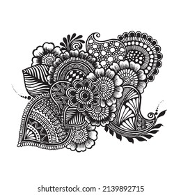 Flower henna pattern, traditional doodle, ornate black and white mehndi vector done by Sri Lankan and Pakistani refugees. Outline hand-drawn vector illustration. Decoration in ethnic oriental.