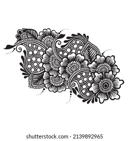 Flower henna pattern, traditional doodle, ornate black and white mehndi vector done by Sri Lankan and Pakistani refugees. Outline hand-drawn vector illustration. Decoration in ethnic oriental.