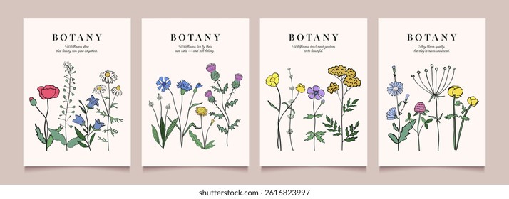 Flower and herb icon poster design. Abstract lines and plant elements. Minimalist botanical vector art. Modern backgrounds. Hand drawn illustration.
