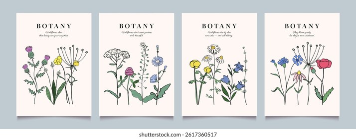 Flower and herb icon poster design. Abstract lines and plant elements. Minimalist botanical vector art. Modern backgrounds. Hand drawn illustration.
