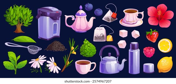 Flower herbal, fruit and berry cartoon tea set, vector hot drink and food. Cup, mug, teapot and kettle, lemon, sugar, tea bags and leaves, mint, infuser spoon, chamomile and hibiscus, strawberry, herb