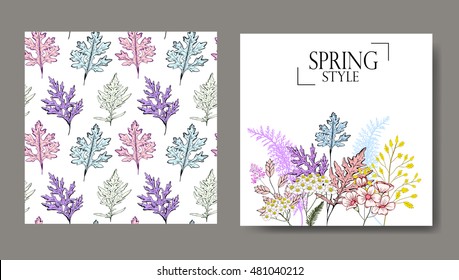 Flower and herbs, creative trendy card with flowers, branches and leaves, flowers plus seamless pattern.  Hand drawn flowers, floral card in spring style. Vector flower, isolated card, herbs
