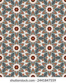 Flor - Hexagonal (Crema, Naranja, Marrón, Azul) - Patrón sin costura abstracto, ilustración vectorial - Diseño sin fin; Impresión para papel de regalo, embalaje, fondos de pantalla, ropa, textiles.