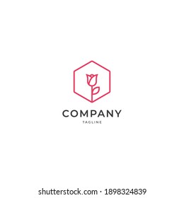 Flower with hexagonal frame line art outline logo icon sign design concept. Vector illustration isolated object on white background