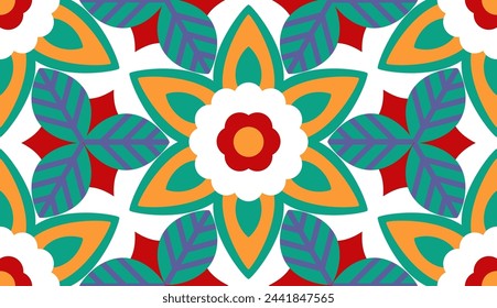 Flower - Hexagonal (White, Orange, Red, Green, Lilac) - Abstract Seamless Pattern, Vector Illustration - Endless Design; Print for Gift Paper, Packaging, Wallpapers, Clothes, Textiles.