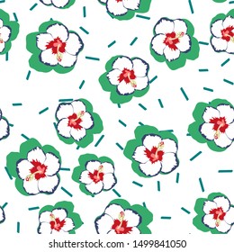 Flower Hibiscus Tropical Floral Seamless Pattern. Hawaiian Summer Hibiscus Vector Wallpaper Background. Exotic Flower Texture Print.