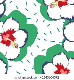 Flower Hibiscus Tropical Floral Seamless Pattern. Hawaiian Summer Hibiscus Vector Wallpaper Background. Exotic Flower Texture Print.