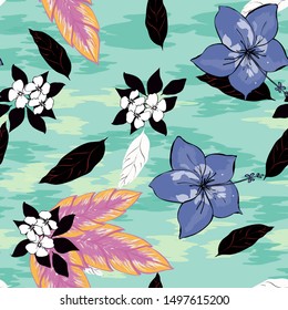 Flower Hibiscus And Tropical Leaf Floral Seamless Pattern. Hawaiian Summer Palm Vector Wallpaper Background. Exotic Flower And Monstera Leaves Texture Print.