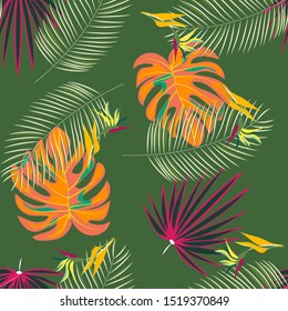 Flower Hibiscus And Tropical Leaf Floral Seamless Pattern. Hawaiian Summer Palm Vector Wallpaper Background. Exotic Flower And Monstera Leaves Texture Print.