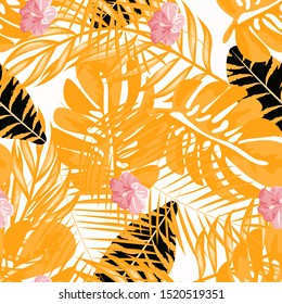 Flower Hibiscus And Tropical Leaf Floral Seamless Pattern. Hawaiian Summer Palm Vector Wallpaper Background. Exotic Flower And Monstera Leaves Texture Print.
