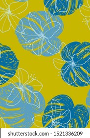 Flower Hibiscus And Tropical Leaf Floral Seamless Pattern. Hawaiian Summer Palm Vector Wallpaper Background. Exotic Flower And Monstera Leaves Texture Print.