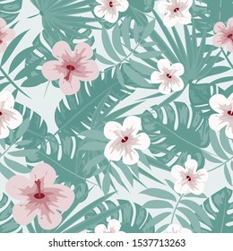 Flower Hibiscus And Tropical Leaf Floral Seamless Pattern. Hawaiian Summer Palm Vector Wallpaper Background. Exotic Flower And Monstera Leaves Texture Print.