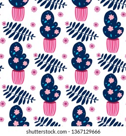 Flower home pot and flowers vector seamless pattern in flat style