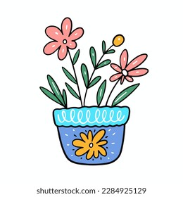 Flower in home pot outline style spring time colorful cartoon vector illustration.