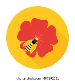 Flower with honey bee circle icon. Vector illustration of  bee on a red flower.