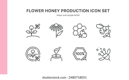 Flower Honey Production Vector Icons Set. Beekeeping, Honey Harvesting, Flower Pollination, Honeycomb, Nectar, and Organic Honey. Editable Linear Collection.