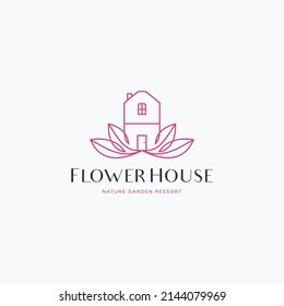 Flower with house linear elegant logo icon sign design concept. Vector illustration
