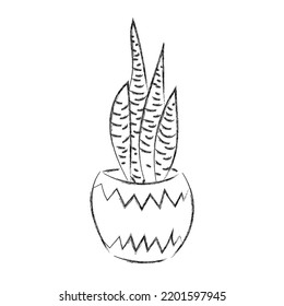 Flower House Plant Hand Drawn Vector Outline Doodle Icon. Decorative Potted House Plant Sketch Illustration For Print Isolated On White Background.