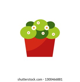 Flower houseplant in red pot, decorative plant with green leaves, botanical interior symbol. Flat design of natural element isolated on white vector