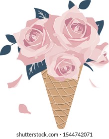 Flower ice cream vector. Roses in waffle cup illustration.