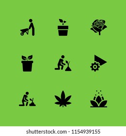 flower icon. 9 flower set with weed, wheelbarrow, gardening and lotus vector icons for web and mobile app