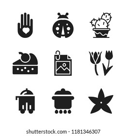 flower icon. 9 flower vector icons set. heart on the palm, ladybug and cactus icons for web and design about flower theme