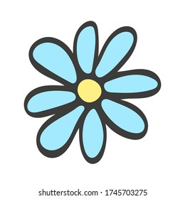 Flower icon. Beautiful cartoon camomile. Colored silhouette with contour. Hand drawn vector graphic illustration. Isolated object on a white background. Isolate.