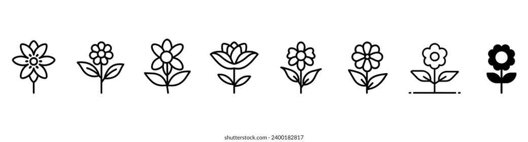 Flower icon. Black color flower shape icon, Icon set of flower. Flowers line icons set. Blooming plants - rose, tulip, daisy bouquet, Flower icons, flowers icon