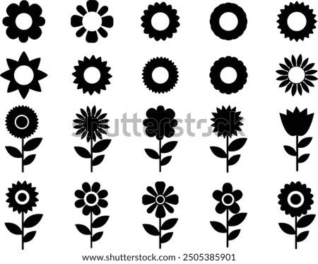 Flower icon. Black color flower shape icon. Floral leaves in bloom on white background. vector illustration