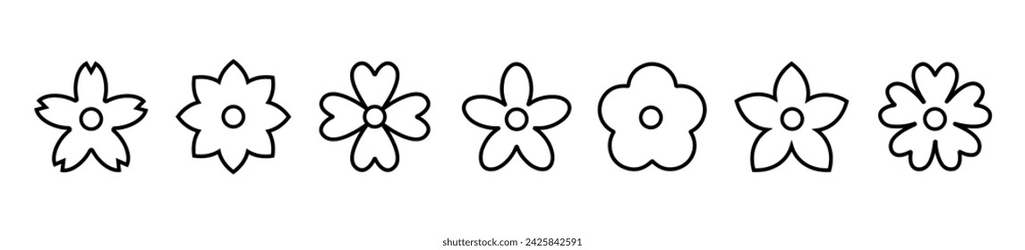 Blumensymbol. Schwarze lineare Blumen Icons Sammlung. Einfaches Vektor-Blumen-Symbol. Blumensymbole werden isoliert gesetzt.