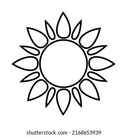 Flower icon in black outline on a white background. Sunflower pattern for coloring. Solar energy symbol. Vector.