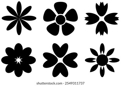 Ícone de flor Preto e Branco.
Conjunto de ícones florais pretos.
Símbolos de silhueta de flores em preto e branco.
Simples ícone de flor preto e branco.