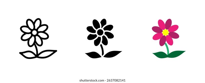 Flower icon. Bright floral bloom with vibrant petals and green leaves vector illustration. Nature and gardening symbol. Represents spring, beauty and decorative plants pictogram.