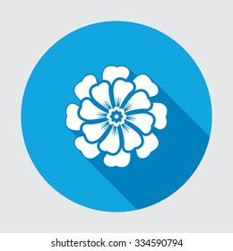 Flower icon. Chamomile, aster, daisy, chrysanthemum. Summer, autumn floral symbol. Round blue flat icon with long shadow. Vector isolated.