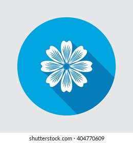 Flower icon. Chamomile, aster, daisy, chrysanthemum. Summer, autumn floral symbol. Round flat icon with long shadow. Vector isolated.