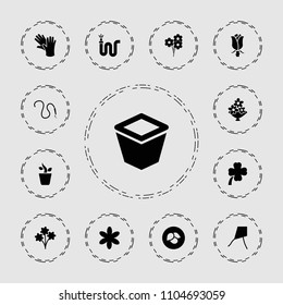 Flower icon. collection of 13 flower filled icons such as leaf, bouquet, dandelion, water hose, pot for plants, rose, plant in pot. editable flower icons for web and mobile.