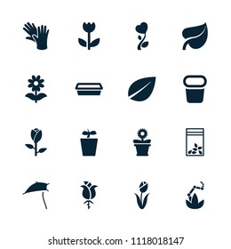 Flower icon. collection of 16 flower filled icons such as rose, leaf, pot for plants, plant in pot, seed bag, dandelion, gloves. editable flower icons for web and mobile.