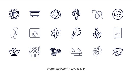 Flower icon. collection of 18 flower outline icons such as leaf, beehouse, plant, clover, bouquet, water hose. editable flower icons for web and mobile.