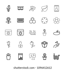 Flower icon. collection of 25 flower outline icons such as beehouse, hand with seeds, water hose, pot for plants, plant in pot. editable flower icons for web and mobile.